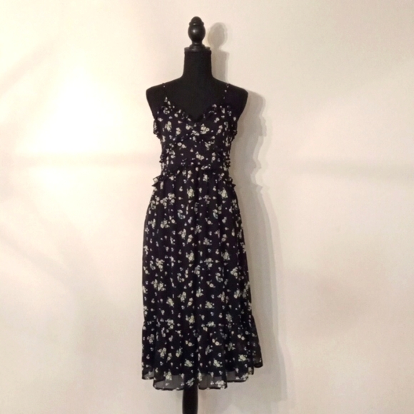 No Boundaries Juniors Ruffle Midi Dress Black Floral Size XS - Picture 2 of 9